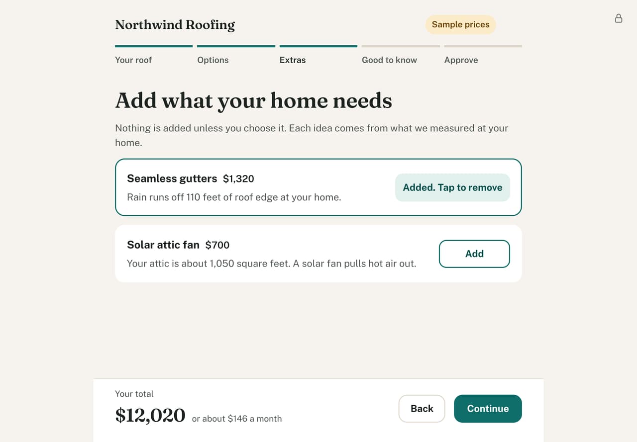 The homeowner's options screen for a sample home.
